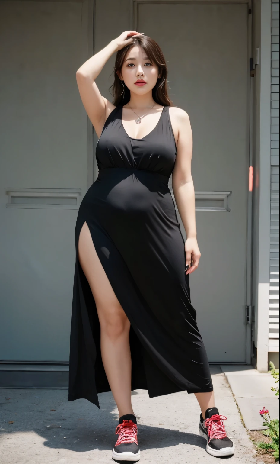 Chubby woman with fat belly and tight thighs, full body, 50-year-old mature woman, thick hips, thick neck, thick chest, big eyes, wearing a longest dress, wearing a sneakers, full body, chubby armpits