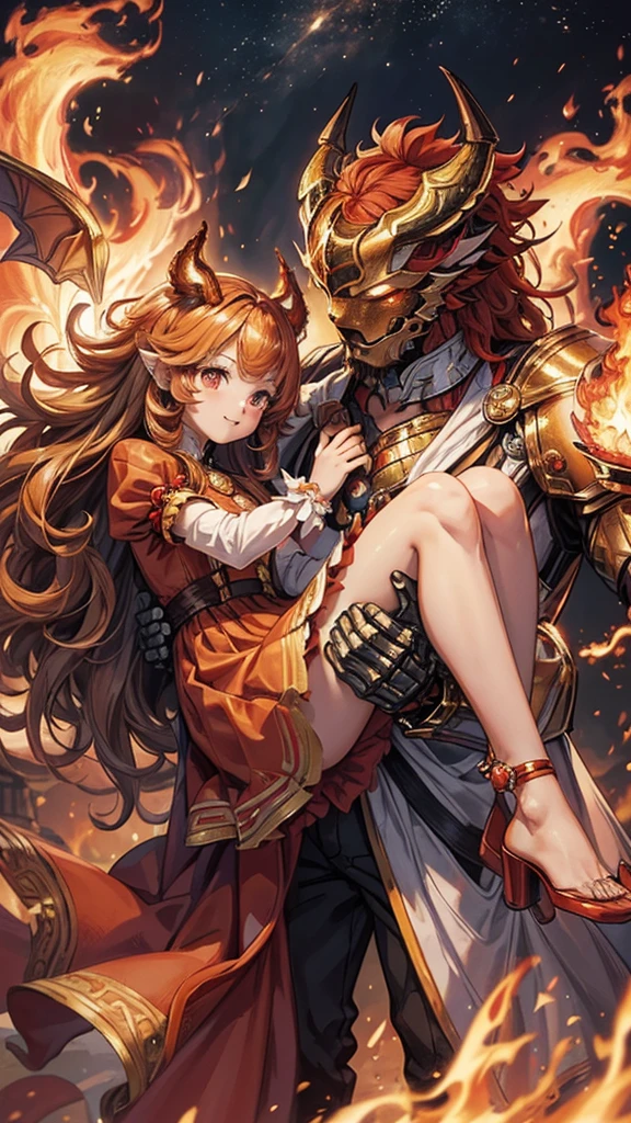 masterpiece, best quality, 8k, beautiful detailed grow, daydreaming expression:1.4, ((1 biggest Ifrit and 1 human cute girl), ((1 Ifrit is big gentleman 65 yo, he is doing princess carry to human girl, with flame:1.4)), ((she is curly long hair cute girl cute red eyes cute smile  14 yo human in a red princess dress)),  in the flame field.