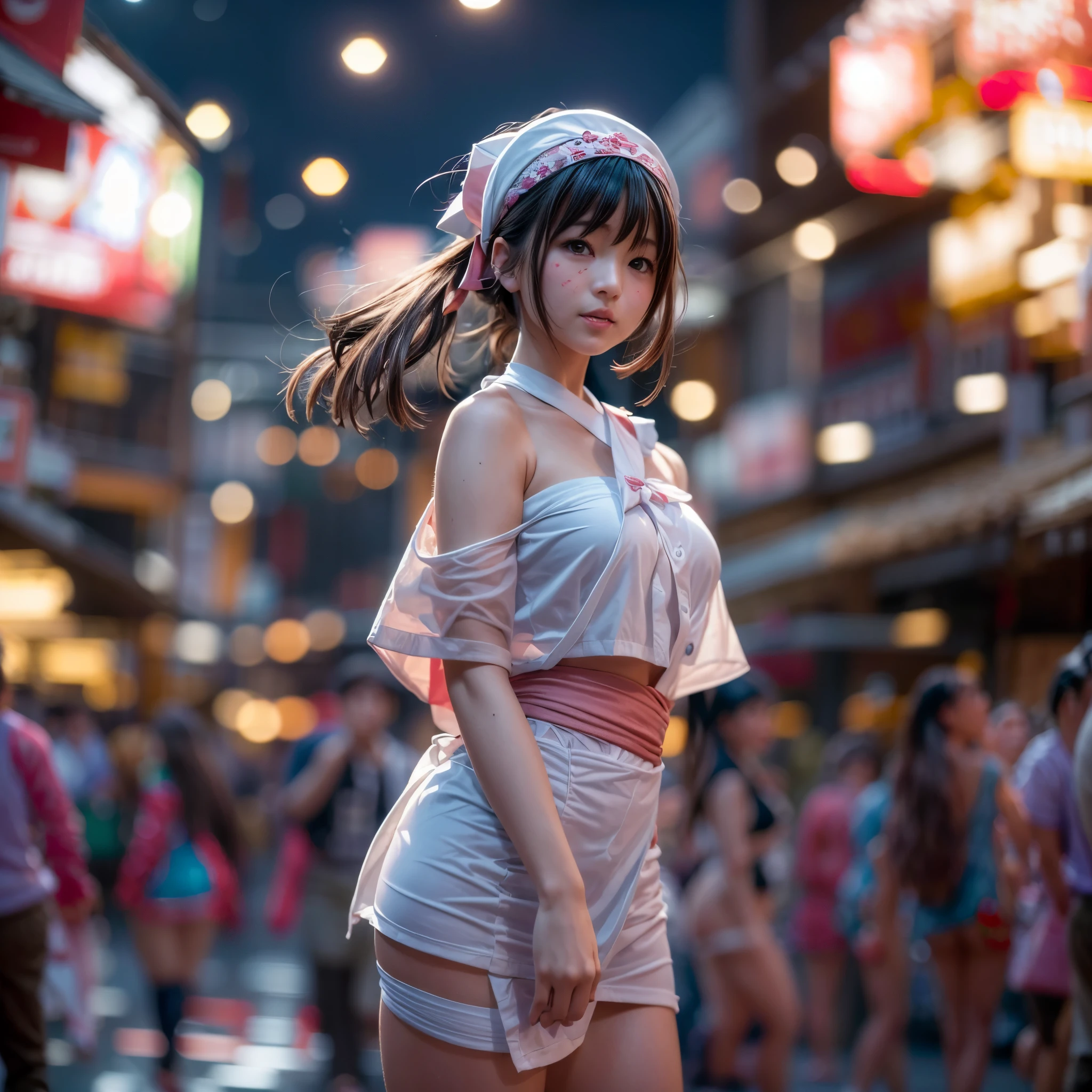 (backlighting,navel:1.1,black hair),A beautiful topless woman sits on the bustling streets of Gintama, surrounded by vendors, beautiful portrait of a stunning goddess girl, beautiful detailed face, porcelain skin, half body shot, centered,((moonlight,night,big neons,strong neon lighting,rim lighting,two tone lighting))), game of thrones style