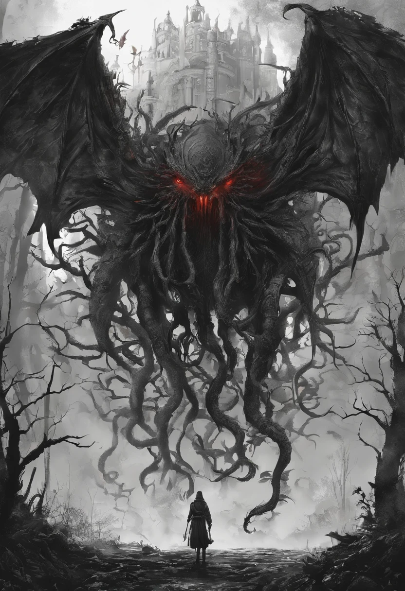 monster,tentacle,scale,bat wings,Bulk,monster,evil God,eyeball,magic book,cane,red eyes,Bark,Blood vessel,quadrupedal walking,to be born々new,evil,core,Lots of mouths,teeth,sharp nails, negative aura,spines,Tree roots,wood monster,Trees are growing,human face,large amount of autumn leaves,Four-legged walking