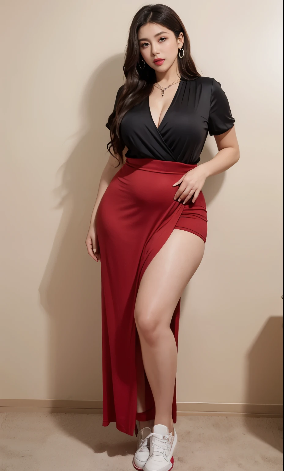 Chubby woman with fat belly and tight thighs, full body, 50-year-old mature woman, thick hips, thick neck, thick chest, big eyes, wearing a longest dress, wearing a sneakers, full body, chubby armpits