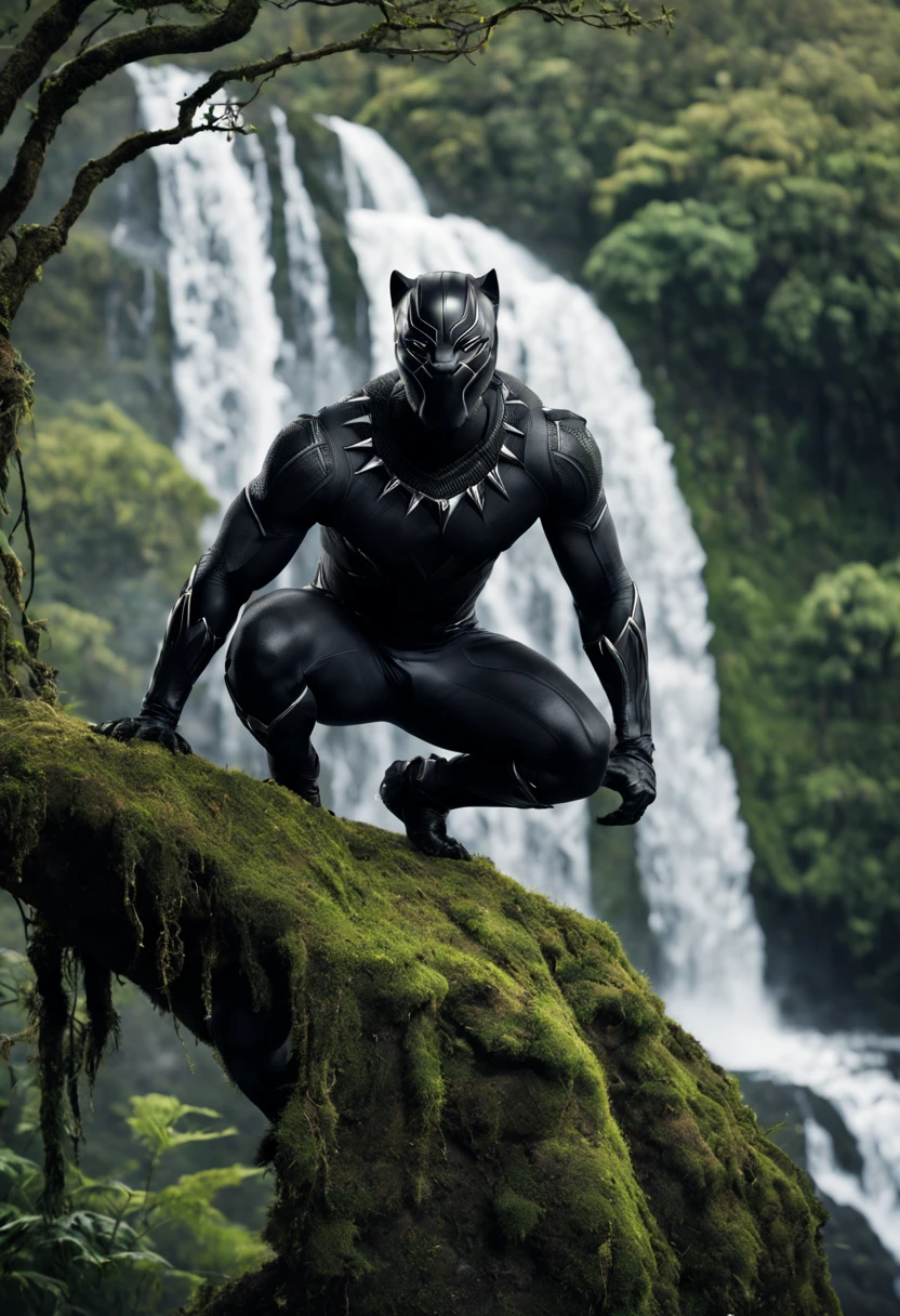 Black Panther with no mask, african american face, no hair, bald, manly, hunk body, full detailed Black Panther costume, crouching on a tree branch over a ledge, waterfall background, tree with green moss and vines, flock of birds flying in distance, back lighting, dramatic scenery, cinematic style