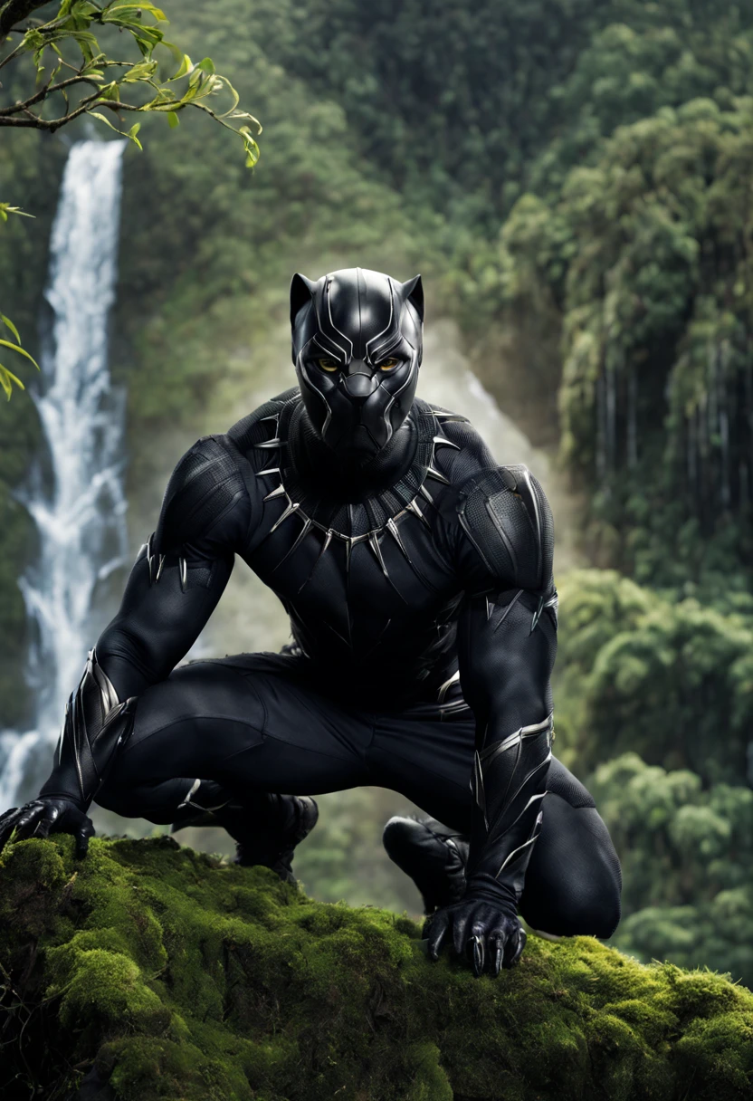 Black Panther with no mask, african american face, no hair, bald, manly, hunk body, full detailed Black Panther costume, crouching on a tree branch over a ledge, waterfall background, tree with green moss and vines, flock of birds flying in distance, back lighting, dramatic scenery, cinematic style