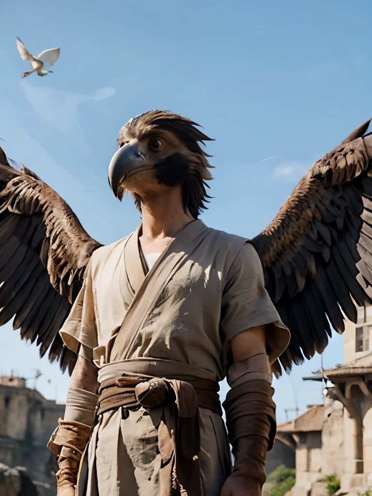 Bird Boy. wings for arms, detailed feathers. 1man, jedi robes, large bird beak, Falcon Head, dungeons and dragons, fantasy, anthropomorphic,
