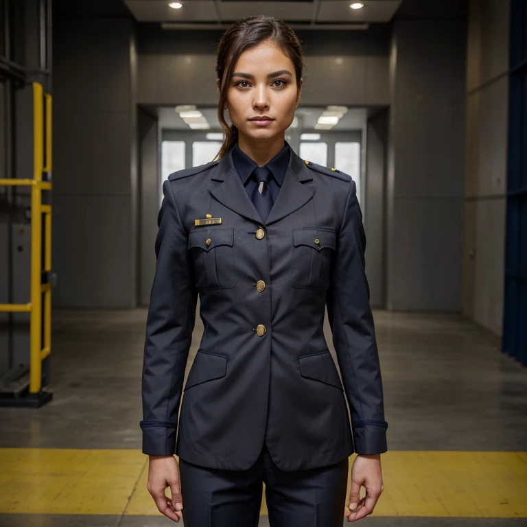 Please create an original full military uniform, formal uniform, in grey, dark blue and yellow