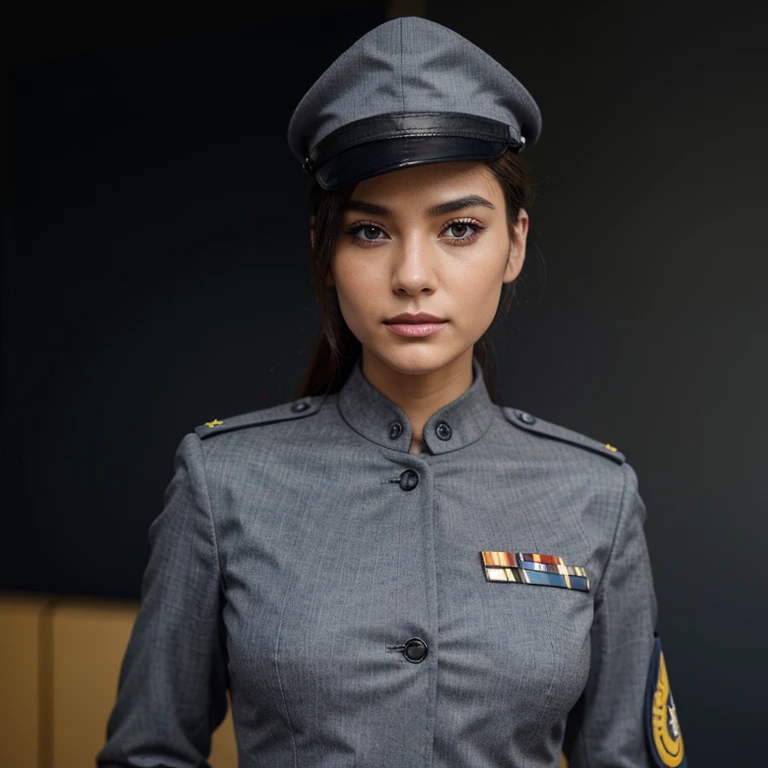 Please create an original full military uniform, formal uniform, in grey, dark blue and yellow