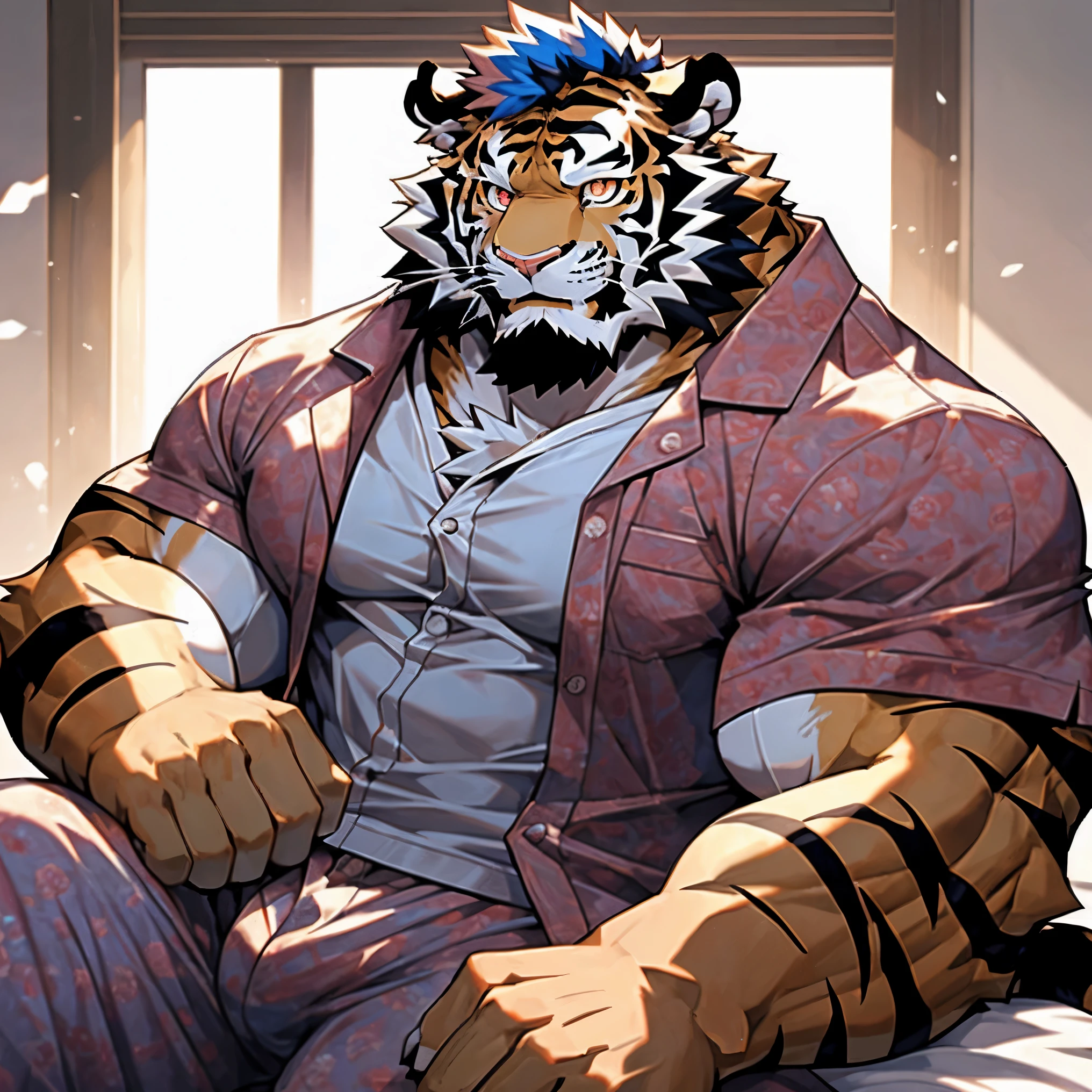 anime character with tiger Lying lazily in bed, tiger_beast, Firmware version, high resolution committee, ((tiger)), gigachad muscular, muscular!!, Tik, muscular!, anthropomorphic tiger, muscular character, Kushat Kenzi, Super detailed!!, muscular!!!, beefy, full body commission, Full body details are very rich,32k,(Full body close-up:1.2),(The two eyes are different in color，Different pupils:1.8),HD,(Colored hair:1.2),(pajamas:1.3)