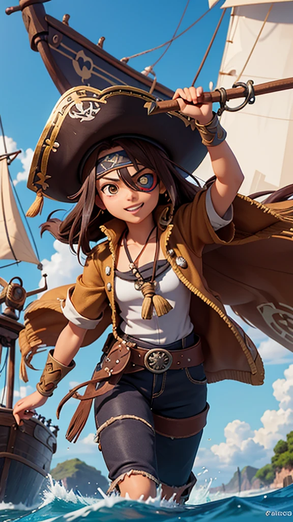 "Draw an intrepid Mexican pirate with a touch of anime style, inspirado en el mundo de Log Horizon. Que lleve un sombrero de charro pirata, an eye patch that represents determination, an ornate sword with Aztec motifs and a long coat with nautical details. Be sure to capture its adventurous spirit and the essence of anime. Make your look reflect the determination to sail the seas in search of treasures and adventures!!"