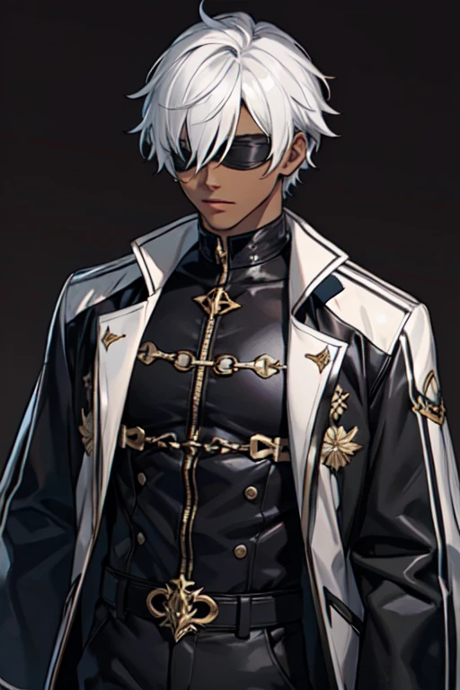 Anime male dark skinned that has musculars doctor with pants and he has white hair with red eyes.