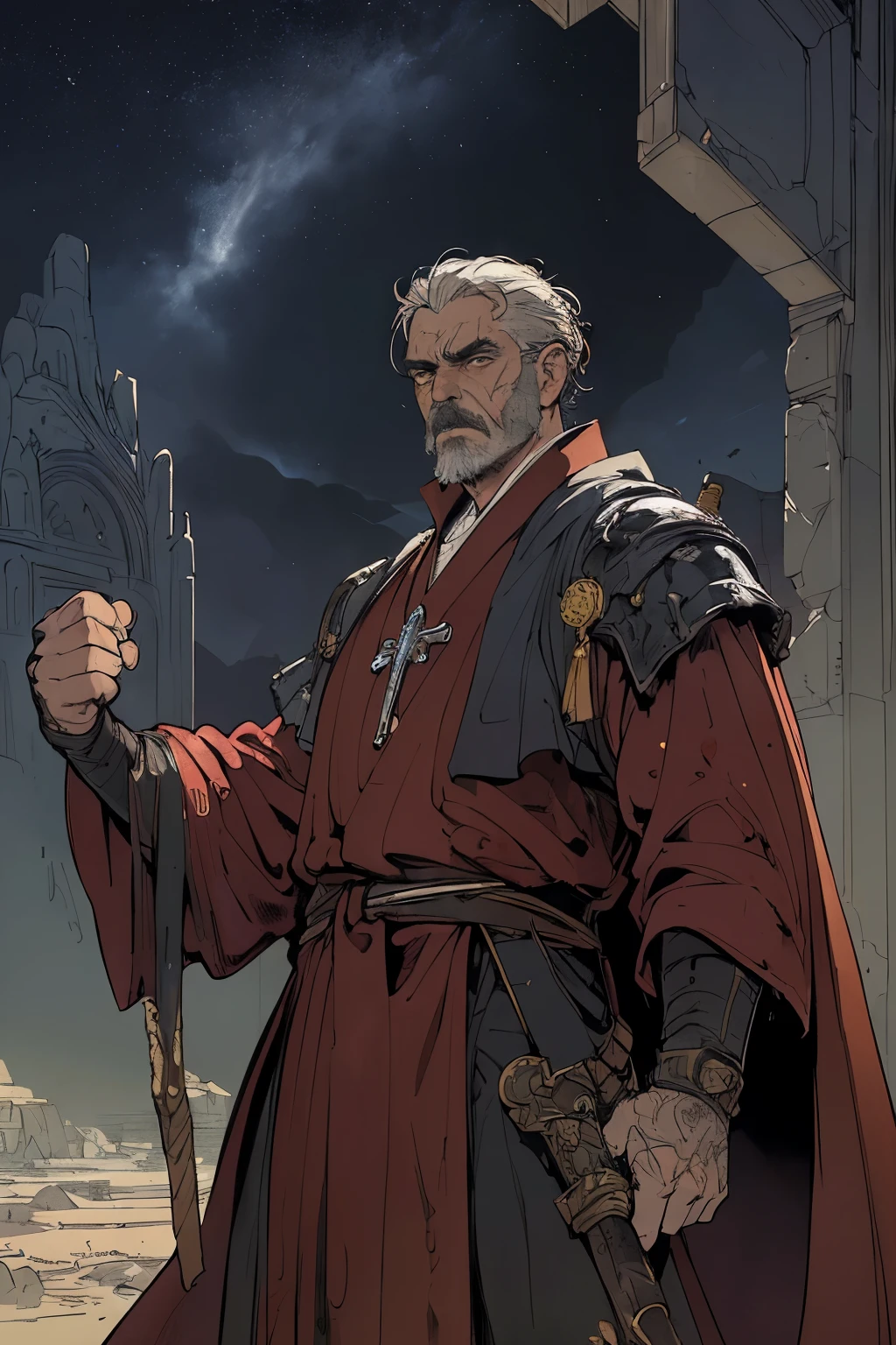masterpiece:1.2, best quality, ultra detailed, absurdres, 1man,male_focused, masculine, rugged (old male) ,blood splatter, (action shot), badass priest, father, robe, gray_hair, in the style of  Kentaro Miura, handsome face,, fantasy, SCI-FI, night sky,