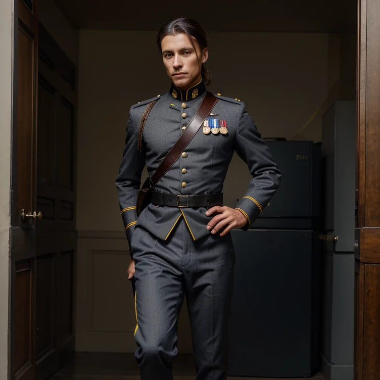 Please create an original full military uniform stylized as an 19th century uniform, pants in grey, jacket in dark blue and details in yellow