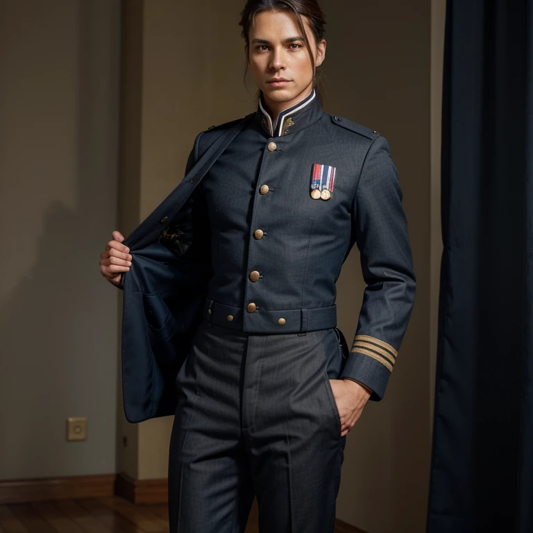 Please create an original full military uniform stylized as an 19th century uniform, pants in grey, jacket in dark blue and details in yellow