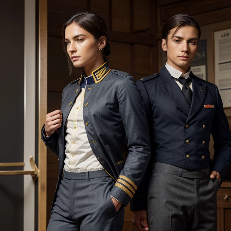 Please create an original full military uniform stylized as an 19th century uniform, pants in grey, jacket in dark blue and details in yellow