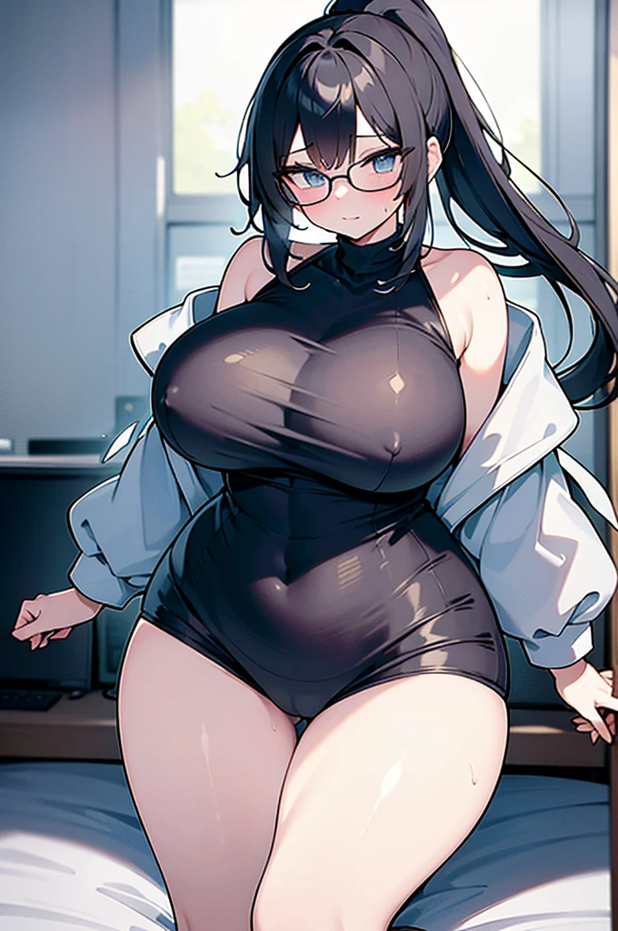  Anime Illustration、High resolution、1 fat  idol、ponytail hair、round glasses、super huge breasts、open the thighs、expose the nipples、Expose your、Damp with sweat、full nude、Completely naked、fat thighs、駅でCompletely 露出、shyness、Plump lower body