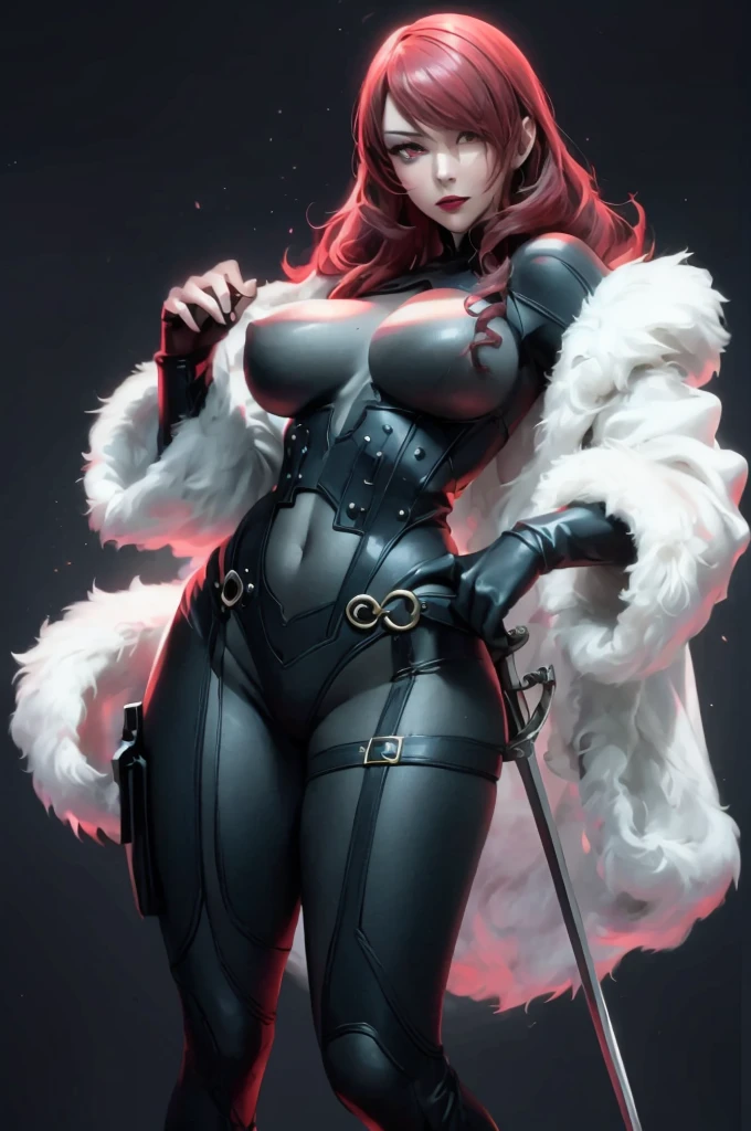 ((masterpiece))、(top-quality)、(detailed, 27 years old)、(1girl) (red haired. Provocative and revealing devil cat suit outfit, (she's standing seductively in a sexy position), large breast and buttocks. The lens is very low to the ground looking up at her. Background is a highly detailed and highly aesthetic gritty dungeon lair. glossy skin. 4k. Lens is very low to the ground looking up at her. Head to toe portrait. Sexy succubus, a woman with red lipstick has bodysuit on and is holding a rapier, kirijou mitsuru, 1girl, solo, hair over one eye, long hair, (((red hair))), (((red eyes))), weapon, rapier, sword, bodysuit, black bodysuit, grey bodysuit, hand on hip, (((large breasts))), simple background, white background, (purple theme:1.1)