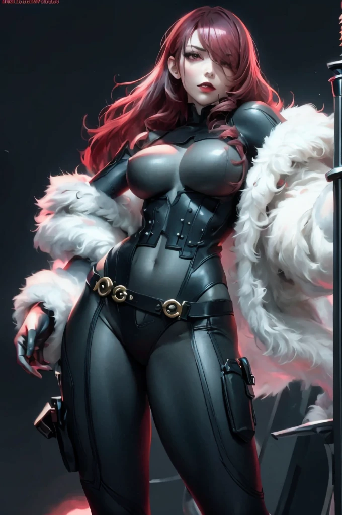 ((masterpiece))、(top-quality)、(detailed, 27 years old)、(1girl) (red haired. Provocative and revealing devil cat suit outfit, (she's standing seductively in a sexy position), large breast and buttocks. The lens is very low to the ground looking up at her. Background is a highly detailed and highly aesthetic gritty dungeon lair. glossy skin. 4k. Lens is very low to the ground looking up at her. Head to toe portrait. Sexy succubus, a woman with red lipstick has bodysuit on and is holding a rapier, kirijou mitsuru, 1girl, solo, hair over one eye, long hair, (((red hair))), (((red eyes))), weapon, rapier, sword, bodysuit, black bodysuit, grey bodysuit, hand on hip, (((large breasts))), simple background, white background, (purple theme:1.1)
