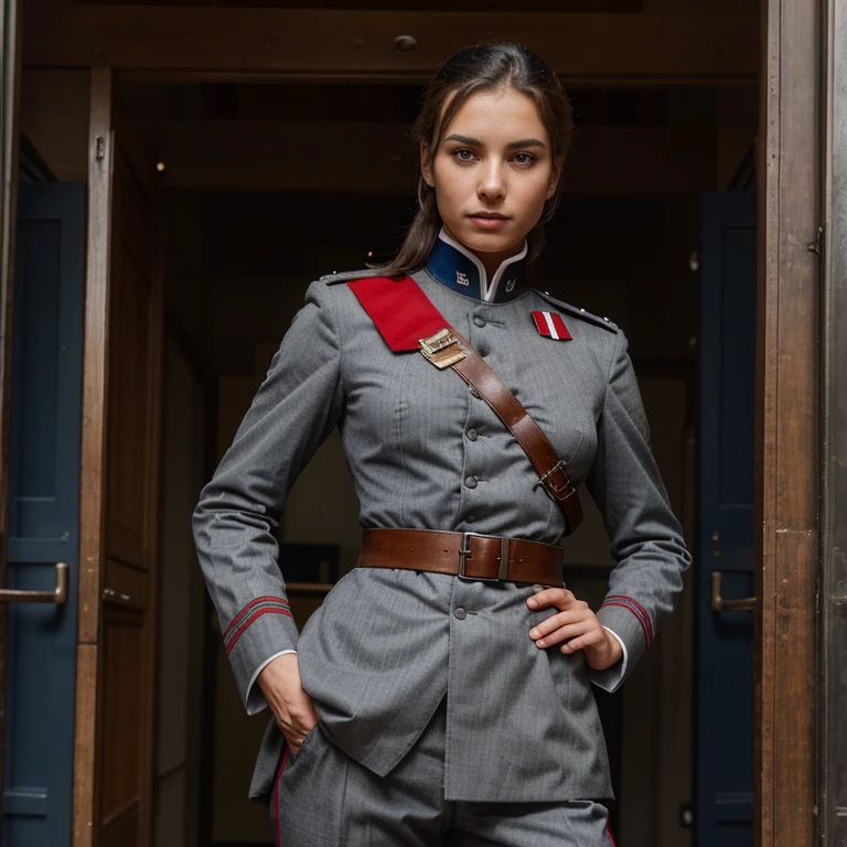 Please create an original full military uniform stylized as an 19th century uniform, in grey, blue and red