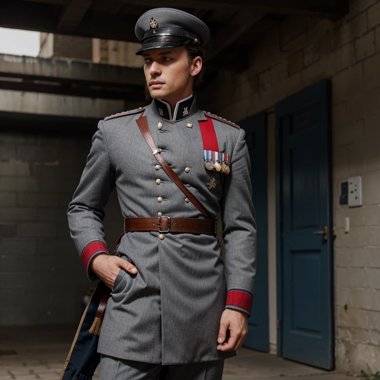 Please create an original full military uniform stylized as an 19th century uniform, in grey, blue and red