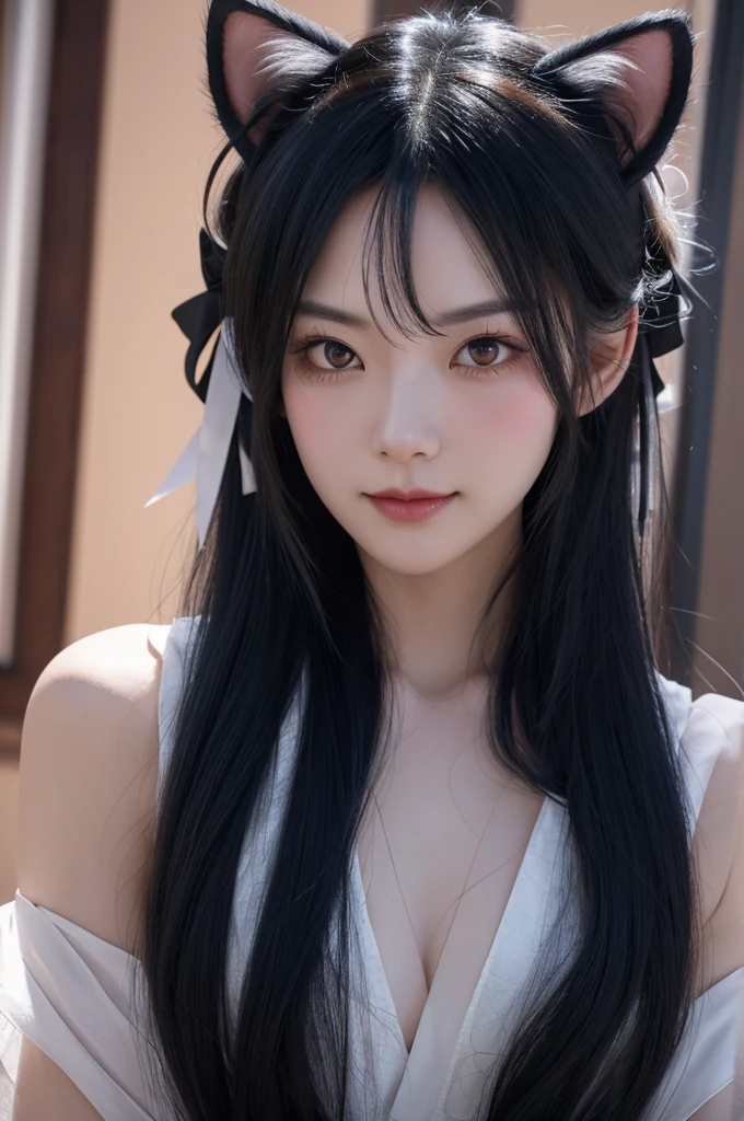 black hair, longeyelashes, solid circle eyes, light smile, ear blush, hair between eyes, ribbon, hairclip, hair ornament, hair ribbon, color contact lenses, cat ears, tsundere, full-face blush, Surrealism, drop shadow, anaglyph, stereogram, tachi-e, pov, atmospheric perspective, rococo style, Gothic art, Verism, Luminism, high detail, cinematic lighting, 8k, super detail, ccurate, best quality, highres, best quality, 4K, high details, textured skin, UHD, high quality, masterpiece