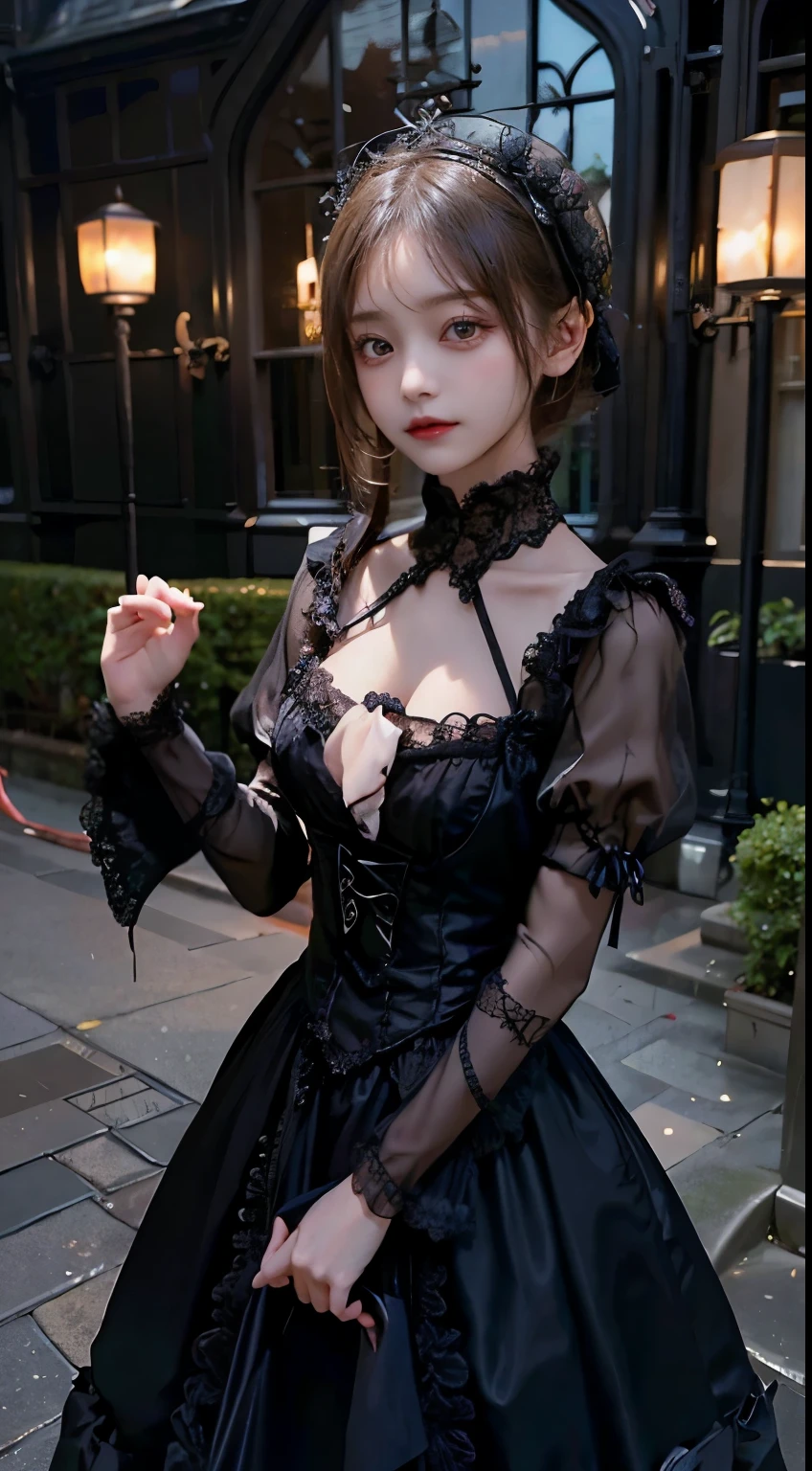 (8K, Photorealistic, Raw photo, of the highest quality: 1.3), (1girl in), Super beautiful, (Realistic face), (boyish, Silver Color Berry Shorthair), Beautiful , Glare that captivates the viewer, Beautiful expression, Beautiful breasts, (Realistic skin), Be...Super high quality, super high definition, super detailed, masterpiece, 20years old, female, cute, perfect face, beautiful, nice body, gothic lolita clothes, gothic lolita fashion, frilly skirt, headdress, necklace, bracelet, knee-high socks, boots, double eyelids, tear bags, Detailed down to the fingers, photo-like description, indoors, dim indoor lighting, blonde hair, short bob, standing, whole body, composition that shows the whole body, smiling
