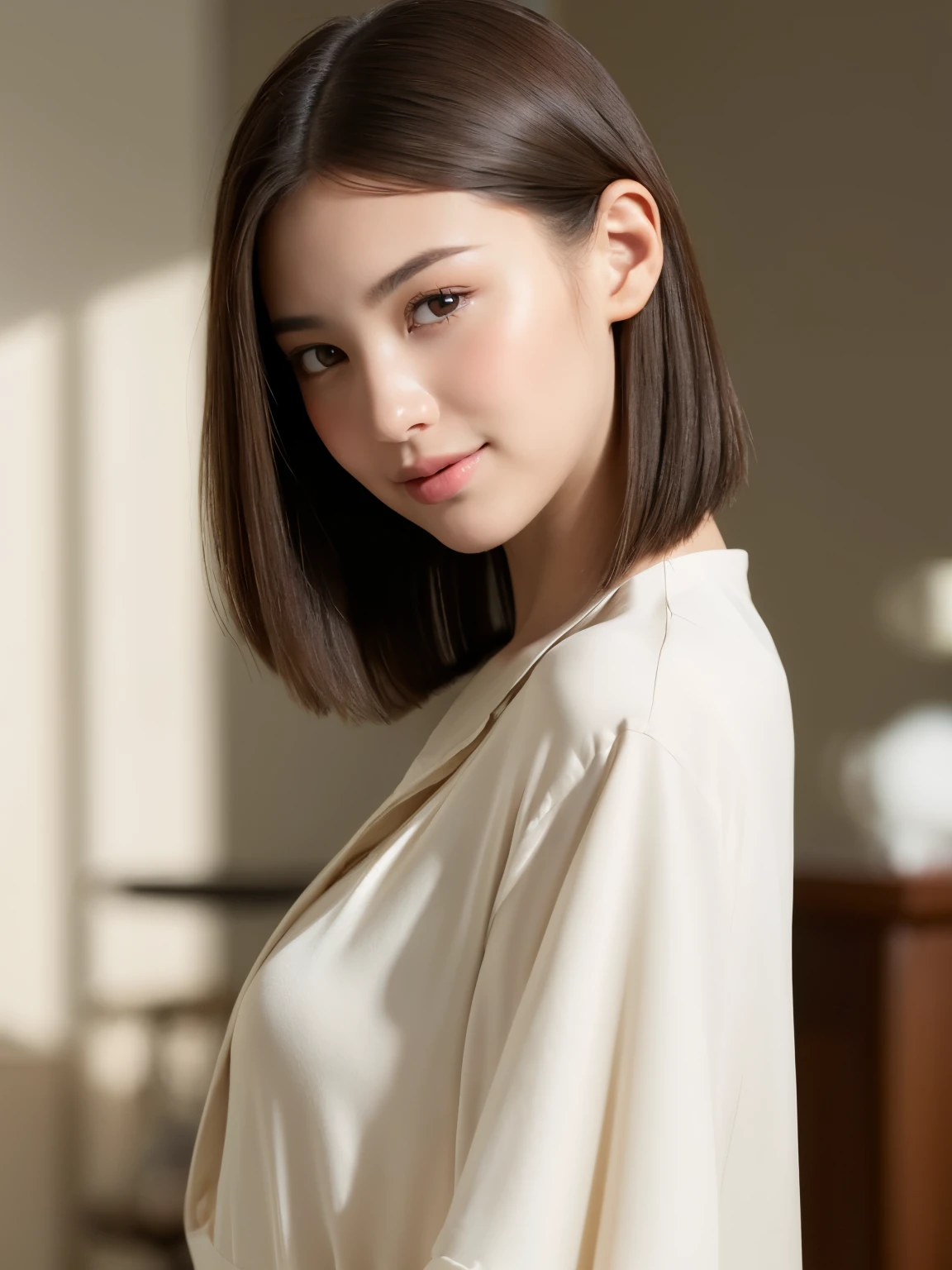 Top quality, realistic, perfect human body structure, very detailed, very delicate and beautiful, RAW photography, living room, professional lighting, luminescence, depth of field, single focal, ((full body)), smile, brown hair, small head, big breasts, baby face, beautiful eyes, real face, realistic skin, detailed eyes, (fashionable hairstyle: 1.3), gravure idol, absurderes、Incredibly Ridiculous res、Extremely fine, Silk Blouse,