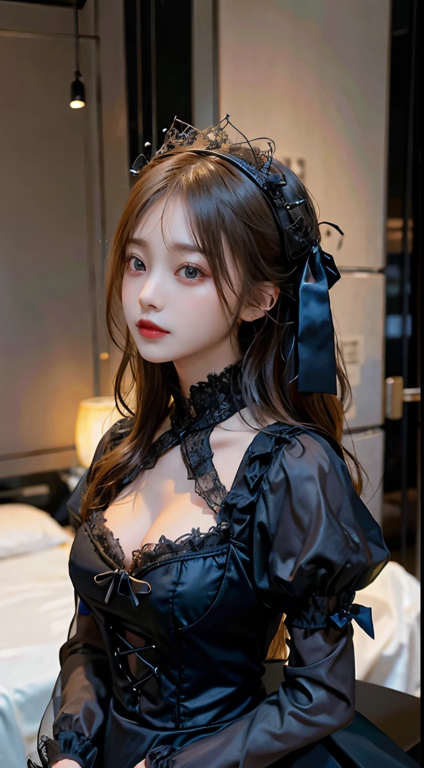 In a place with a fantastic atmosphere、A woman wearing Gothic ta fashion is standing there.。A Gothic Loliress with a profound and elegant design envelops her.、It enhances your beauty while minimizing skin exposure.。The lace and ribbons on the dress are delicately decorated.、There is a deep mystery within it.。her posture is elegant、The dark color palette brings out her vibe.。Fantastic and innocent beauty、In harmony with Gothic fashion、It gives off a mysterious charm to its surroundings.。