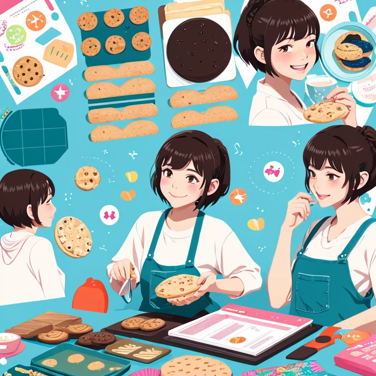 anime illustration、creation、baking cookies、energetic woman short hair