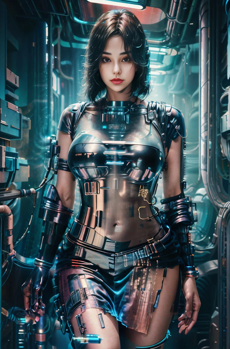 Beautiful girl in cyberpunk scene with medium breasts, medium-bob hair, (see-through, lower breasts), visible from dress, full-body