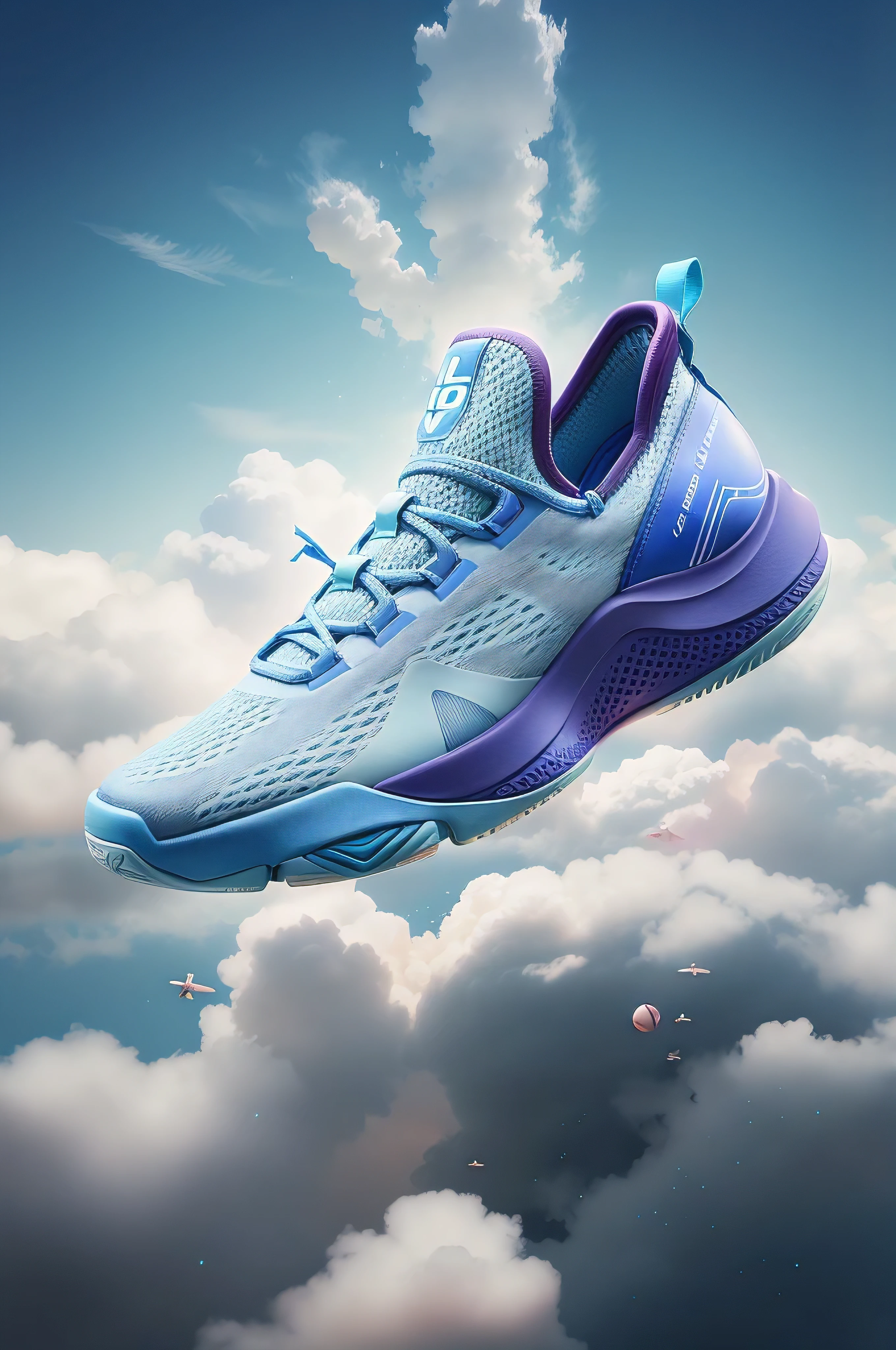 Arafad&#39;s image of a pair of shoes flying through the sky, basketball sneaker concept art,Surrealism&Quote;, , blue shifter, Highly photographic production, Shot with Canon EOS R5, Shot with Canon eos r 5, Promotional production, Background color warm pink