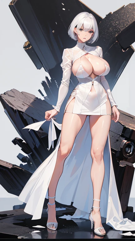 a woman,elder sister,Royal sister,Bare topless,white short hair,Breastes,Extra-short skirt,huge breasts,E cu figure,slender waist,long legs,Show the chest,High heel,Standing posture,Look ahead,Full body image,White background