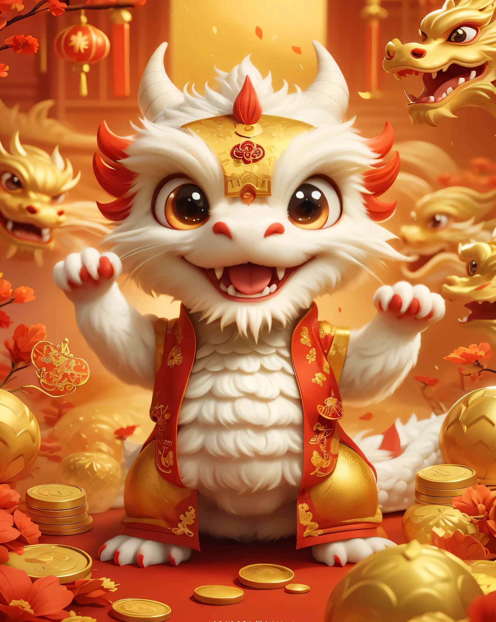 There is a white cat with a gold crown on its head, 可爱的小dragon, Cute and detailed digital art, dragon, Lovely numbers, 中国dragon, 中国dragon concept art, Wojtekfors, 金dragon, 8k high quality detailed art, 黄dragon头节, 中国丝绸3Ddragon, smooth 中国dragon, 4k highly detailed digital art