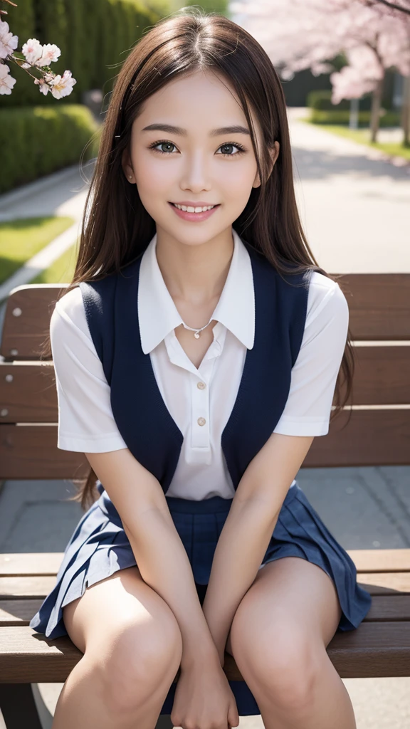 Pure Japanese school girl, outstanding body, wearing loose uniform, panty, sweet smile, sitting on bench, refreshing in early summer park, composition from the front,