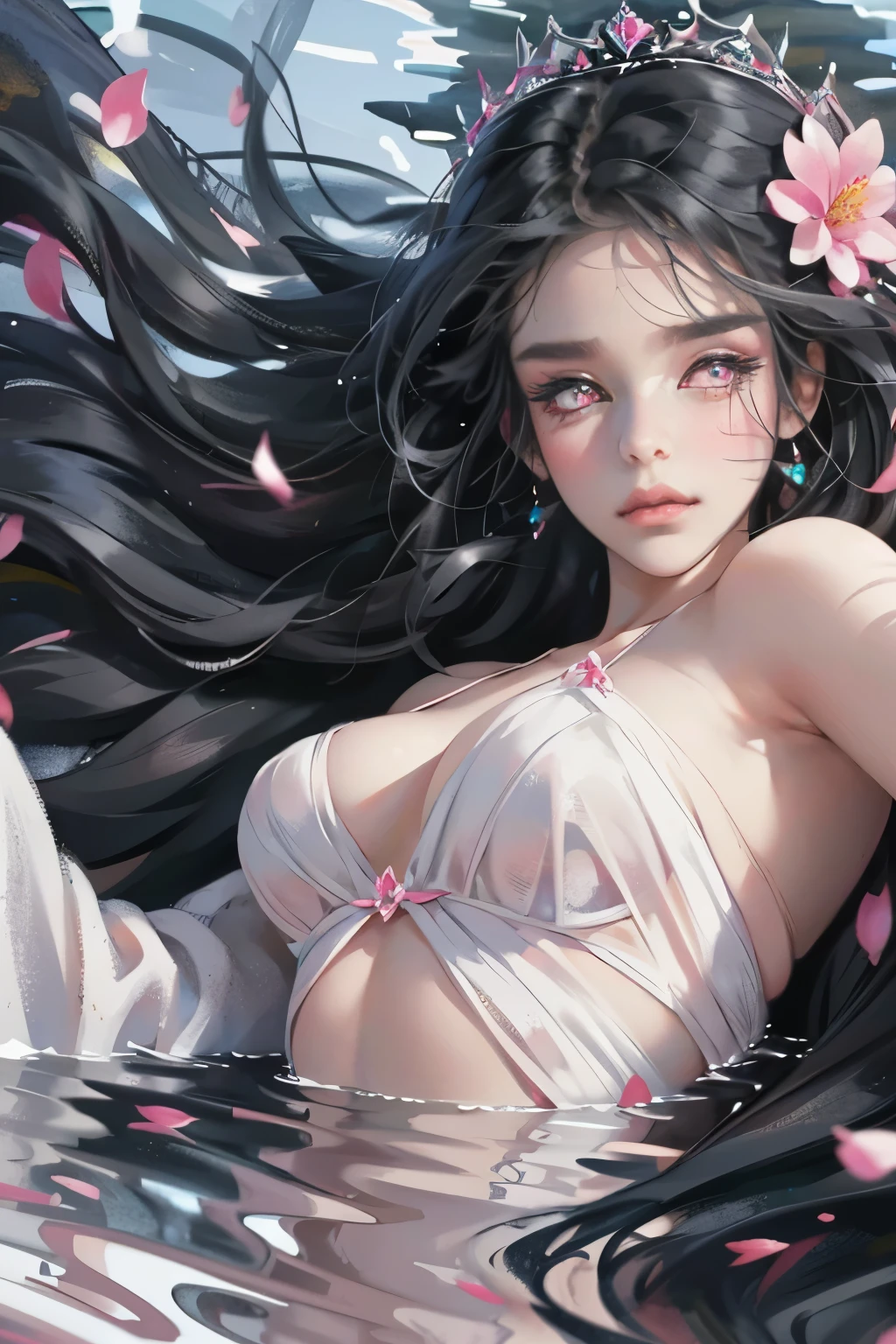 a woman,Black wavy hair and pink eyes, blush, eye shadow, cute face,long hair,Flowers in the hair, ethereal beauty,Upper body close-up,Look head-on at the audience,lying in water((beautiful fantasy queen))