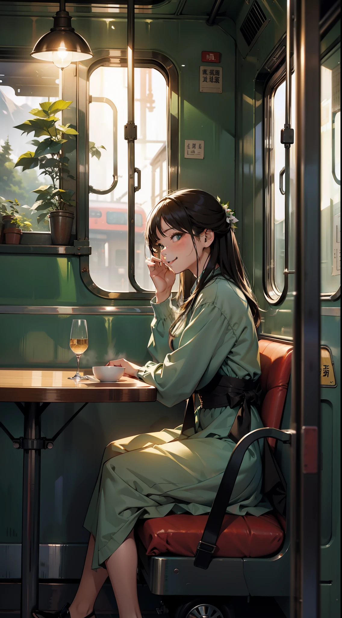 (best quality), ((masterpiece)), (highres), illustration, original, inside the train, a man and a woman were sitting face to face. in front of the window, there was a table. the woman was very happy looking out of the window in a dress. Old train, green seat，俩人，一男一女面对面坐着，远景，高清