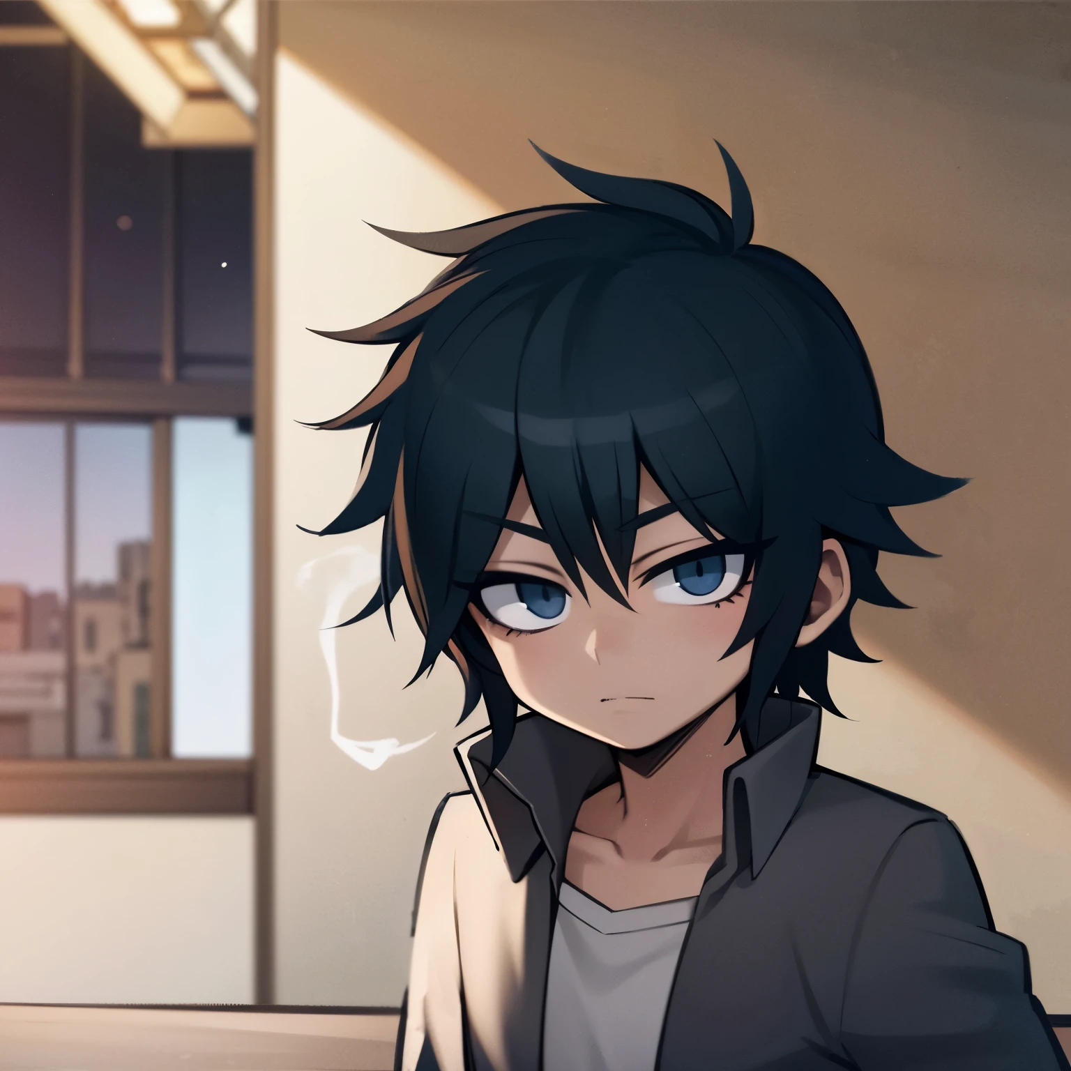 Anime boy with black hair and blue eyes sitting in a room - SeaArt AI