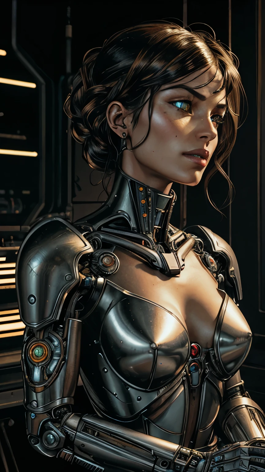 mechanical woman, ((Ultra realistic details)), portrait, global illumination, darkness, octane rendering, 8k, ultra sharp, metal, intricate, detailed embellishments, cool colors, Egyptian detail, highly intricate details, realistic light, trends on cgsociety , glowing eyes, facing the camera, neon details, mechanical limbs, blood vessels connected to tubes, mechanical vertebra that attaches to the back, mechanical cervical fixation to the neck, sitting, wires and cables that connect to the head