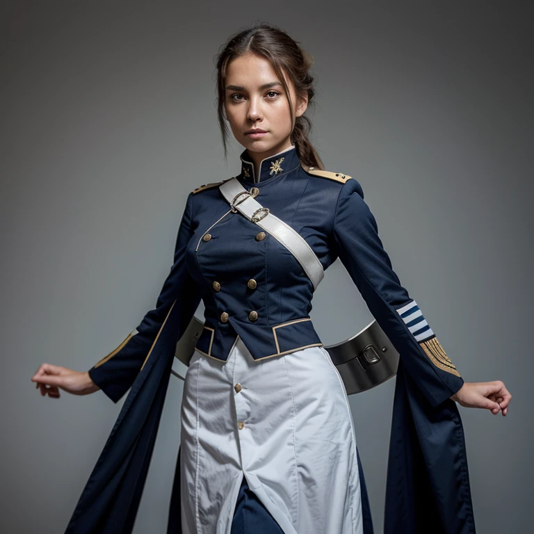 Please create an original full military navy uniform stylized as an 19th century uniform in white and light blue