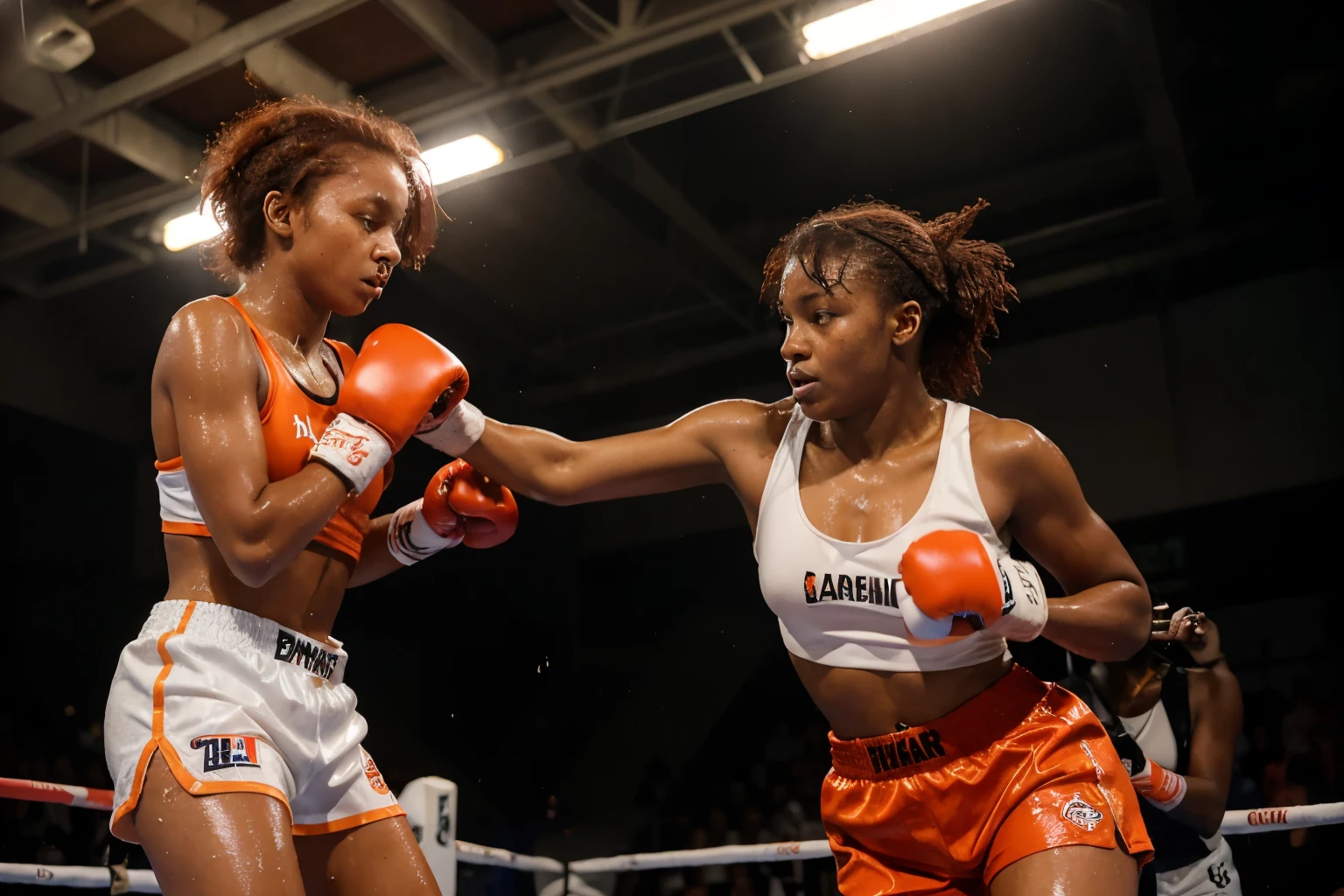 Afro-Antillean female boxer, dressed in blue, using head protection, shouting to the sky his triumph, with the flag of Panama in his hands, up on the boxing ring.