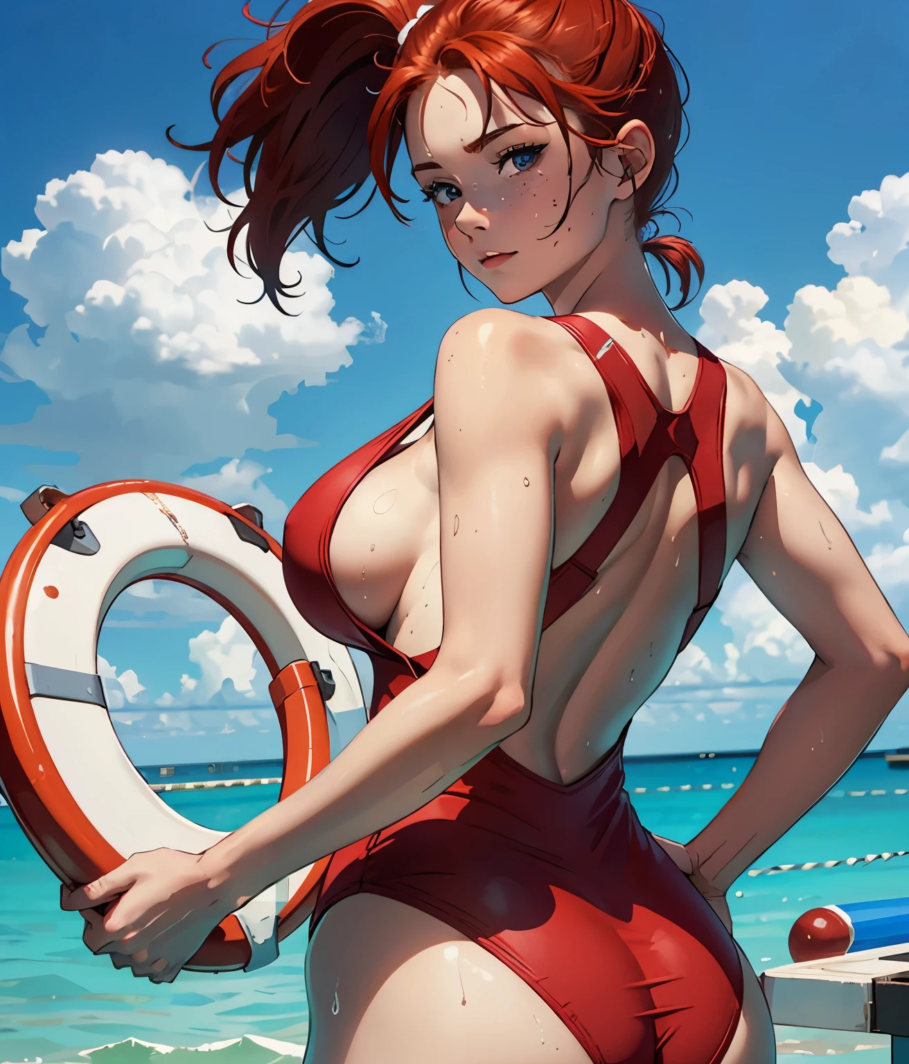 Pool, daytime, ((Busty red headed woman in red one-piece swimsuit standing on lifeguard chair holding ring buoy)), (freckles), blue eyes,, (beautiful face:1.79), ponytail, whistle around neck, carrying ring buoy,(nice butt) , sunglasses, windy, (wide hips) , masterpiece, detailed face, high quality, UHD, 8k detailed, cowboy shot, (sweaty), smile, full body shot 