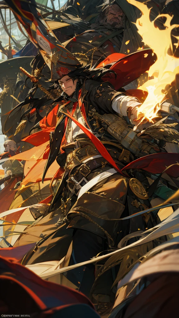 [Imagen de referencia: Un hombre con pelo negro desordenado y ojos dorados, vistiendo una fur coat blanca sobre un atuendo de pirata. He wears brown belts around his waist and privateer boots.. His beard is messy and he has an aggressive look while holding a treasure chest.]

Describe a un pirata mexicano estilo anime, inspirado en el anime de Log Horizon. He is a man with messy black hair and golden eyes that shine with determination.. Viste una imponente fur coat blanca sobre su atuendo de pirata, accented with brown belts adorning her waist. His beard is equally messy, adding an air of toughness to your appearance. Sus botas de corsario golpean el suelo con cada paso mientras avanza con una mirada agresiva, sosteniendo firmemente un cofre del tesoro que representa su objetivo final.