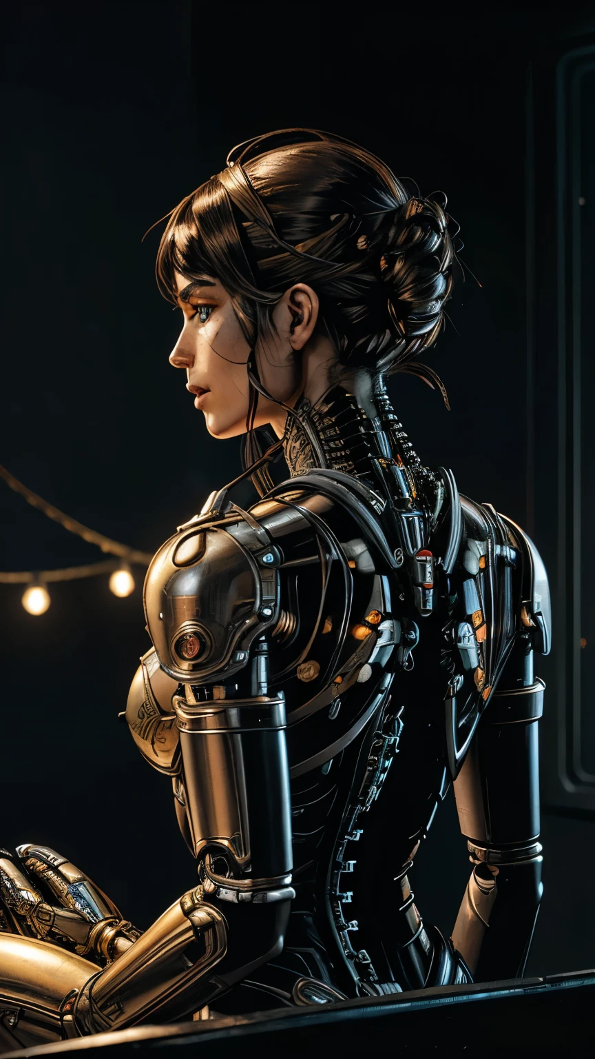 mechanical woman, ((Ultra realistic details)), portrait, global illumination, darkness, octane rendering, 8k, ultra sharp, metal, intricate, detailed embellishments, cool colors, Egyptian detail, highly intricate details, realistic light, trends on cgsociety , glowing eyes, facing the camera, neon details, mechanical limbs, blood vessels connected to tubes, mechanical vertebra that attaches to the back, mechanical cervical fixation to the neck, sitting, wires and cables that connect to the head. shot from behind