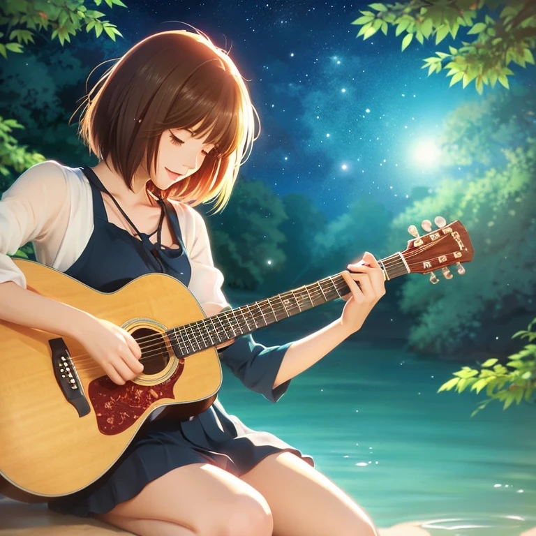 anime illustration、creation、Short hair goddess playing acoustic guitar、Melodies are flowing around me、strength not to lose、sad heart