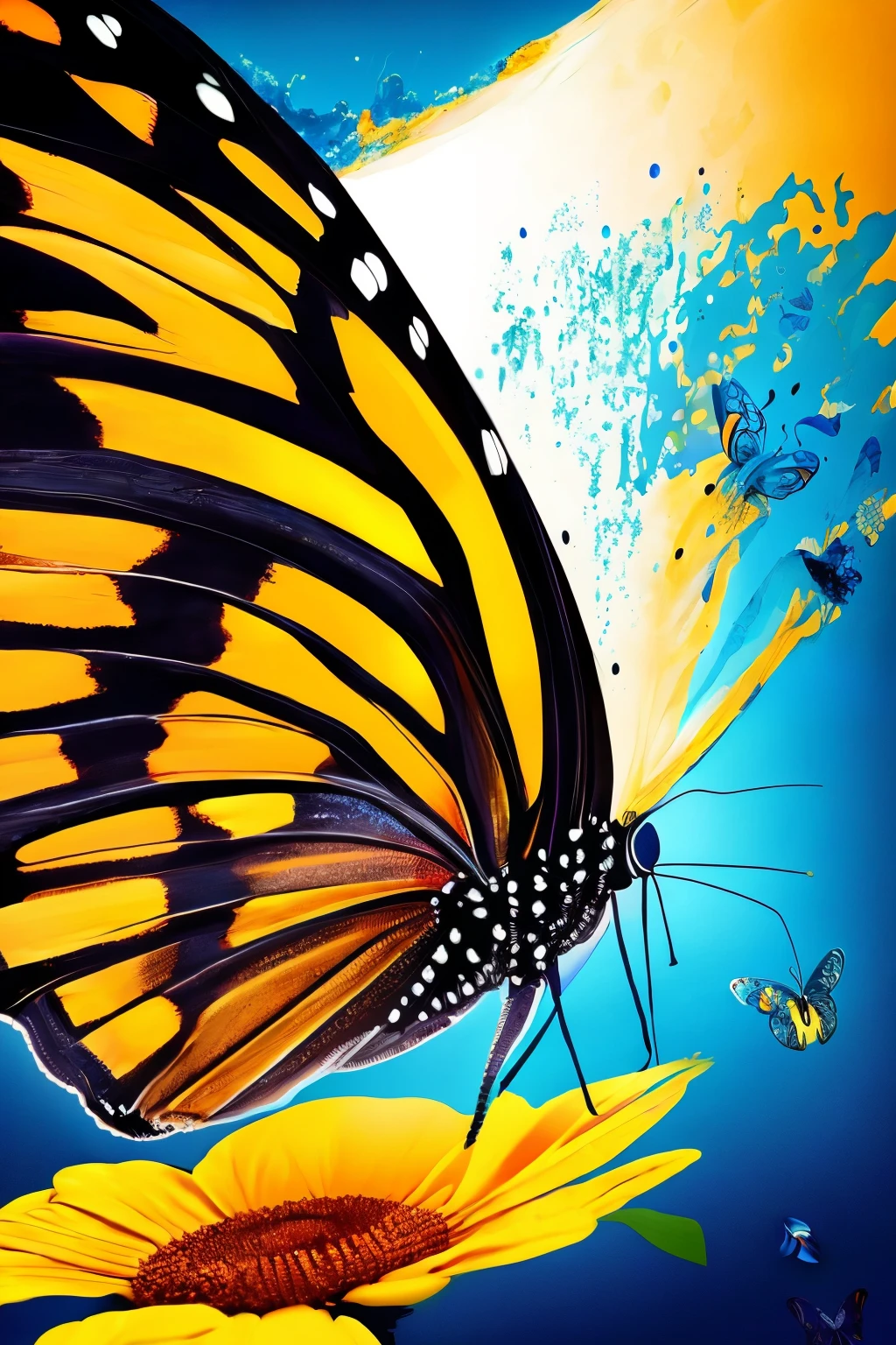A captivating image of a ((butterfly)), its wings intricately designed with Ultra High Definition, vibrant color splash art, leaning towards a flower against a Black Background. Its Hyperdetailed Eyes, large and expressive, glisten with a dreamy, glowing quality. The Tee-Shirt Design below features Line Art of the butterfly, creating an artistic contrast with the surrounding Ultra Detailed, intricate image. A subtle Splatter of liquid melting paint adds to the Ominous, yet glamourous, atmosphere. The background is a smooth, Ultra High Definition, oil on canvas rendering of a serene landscape, with a golden ratio composition to balance the