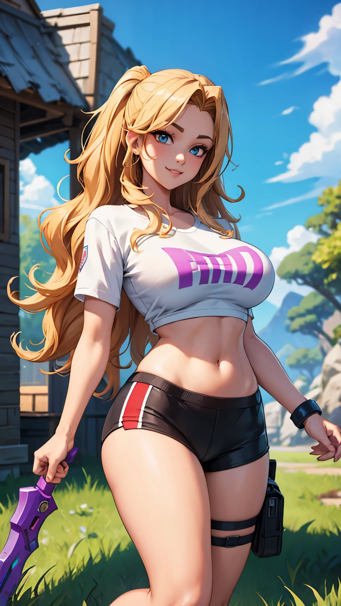 girl, wearing fortnite theme, beautiful smile, big breasts, curly blonde hair, t-shirt up showing transparent bra, transparent panties, holding weapons from the fortnite game, in a scene from the fortnite game