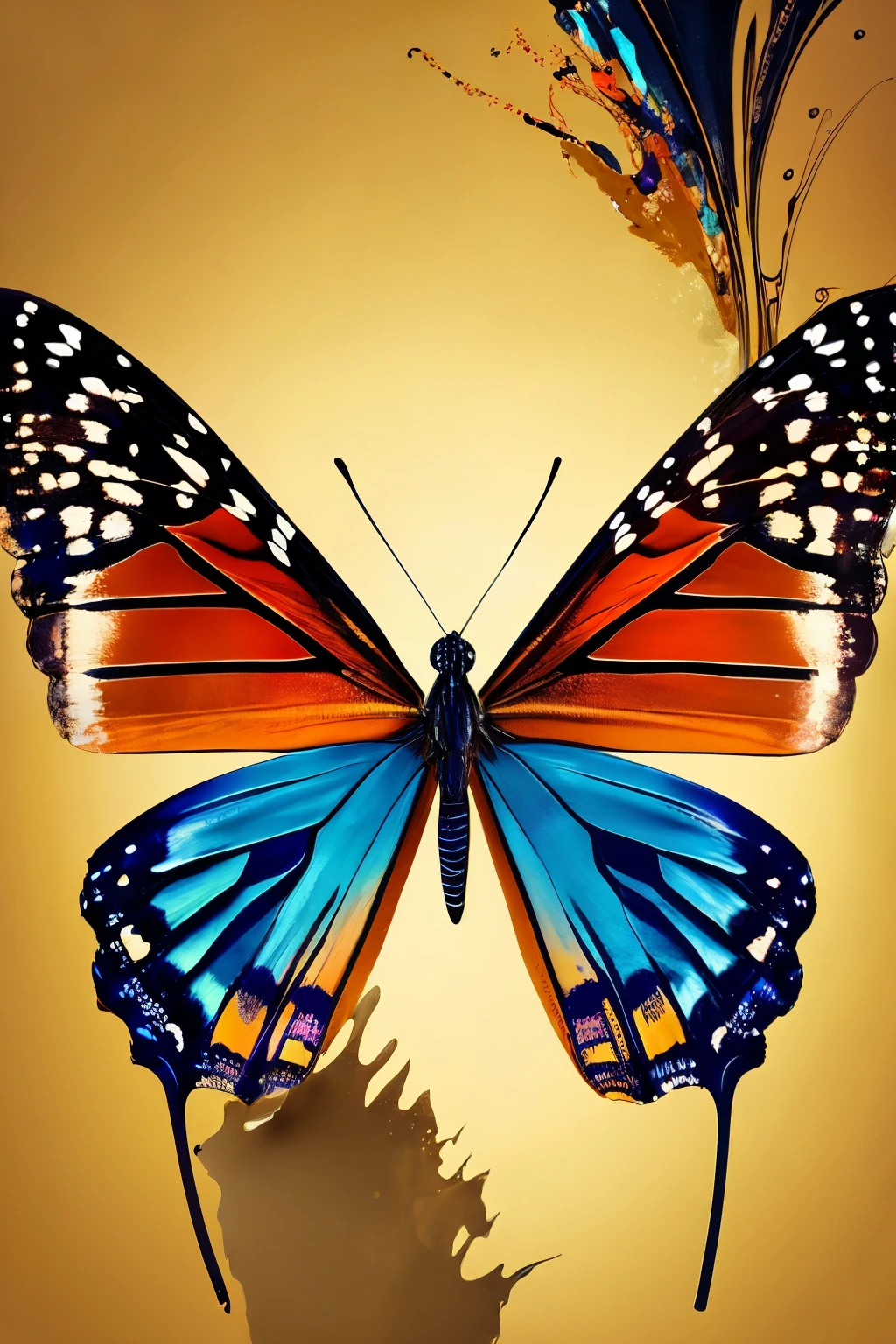 A captivating image of a ((butterfly)), its wings intricately designed with Ultra High Definition, vibrant color splash art, leaning towards a flower against a Black Background. Its Hyperdetailed Eyes, large and expressive, glisten with a dreamy, glowing quality. The Tee-Shirt Design below features Line Art of the butterfly, creating an artistic contrast with the surrounding Ultra Detailed, intricate image. A subtle Splatter of liquid melting paint adds to the Ominous, yet glamourous, atmosphere. The background is a smooth, Ultra High Definition, oil on canvas rendering of a serene landscape, with a golden ratio composition to balance the