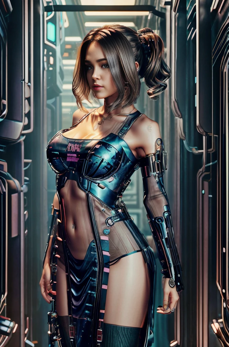 Beautiful girl in cyberpunk scene with medium breasts, medium-bob hair, (see-through, lower breasts),  visible from dress, full-body