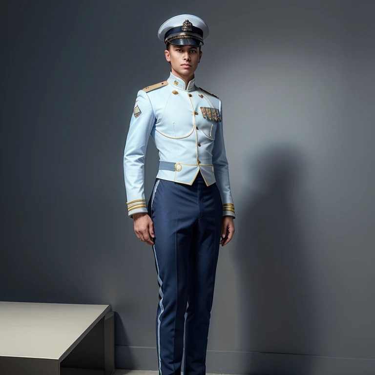 Please create an original full military navy uniform stylized as an 19th century uniform, pants are white, jacket is blue with light blue sleeves, uniform details are golden (full body), (military hat)