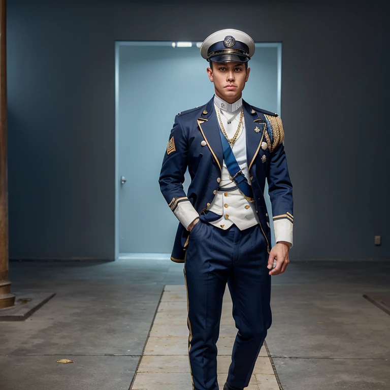 full view full body, elite military school white boy blonde with military haircut, in navy-blue and gold leather uniform, navy-blue and gold  tight leather shorts, long navy-blue and gold leather boots, high white socks, slim muscle, standing in royal stables