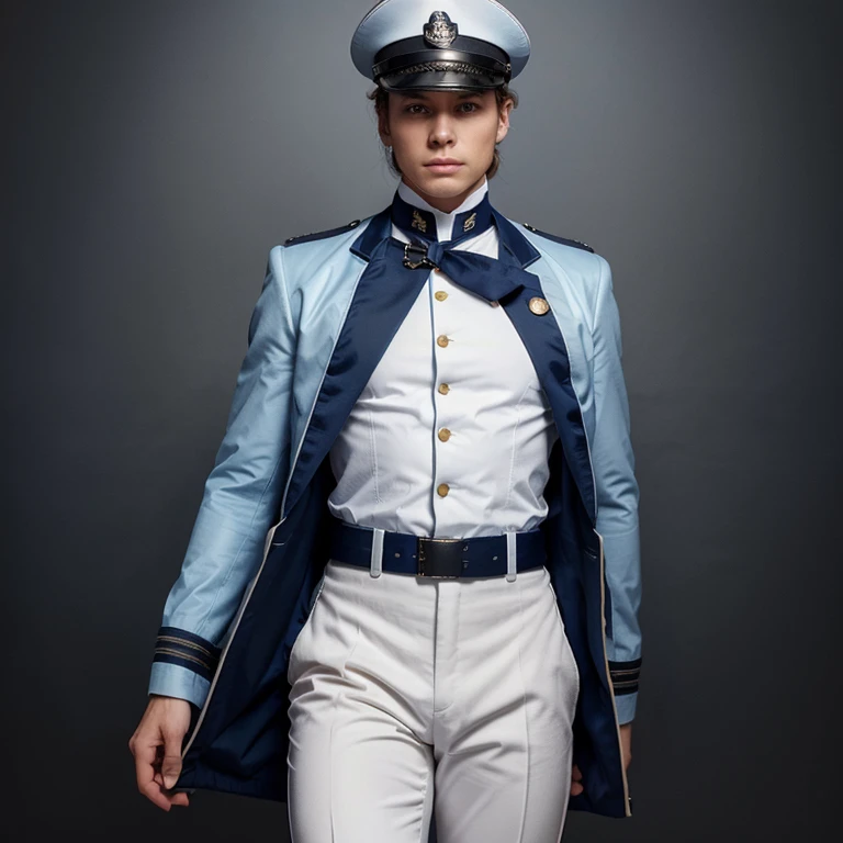 Please create an original full military navy uniform stylized as an 19th century uniform, pants are white, jacket is blue with light blue sleeves, uniform details are golden (full body), (military hat)