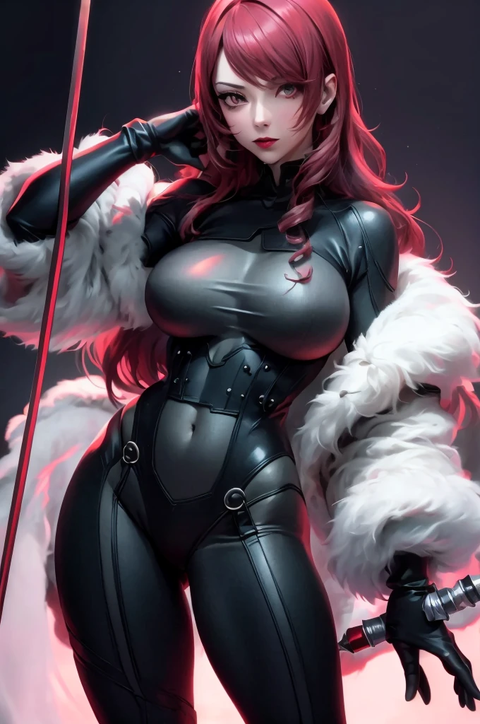 ((masterpiece))、(top-quality)、(detailed, 27 years old)、(1girl) (red haired. Provocative and revealing devil cat suit outfit, (she's standing seductively in a sexy position), large breast and buttocks. The lens is very low to the ground looking up at her. Background is a highly detailed and highly aesthetic gritty dungeon lair. glossy skin. 4k. Lens is very low to the ground looking up at her. Head to toe portrait. Sexy succubus, a woman with red lipstick has bodysuit on and is holding a rapier, kirijou mitsuru, 1girl, solo, hair over one eye, long hair, (((red hair))), (((red eyes))), weapon, rapier, sword, bodysuit, black bodysuit, grey bodysuit, hand on hip, (((large breasts))), simple background, white background, (purple theme:1.1)
